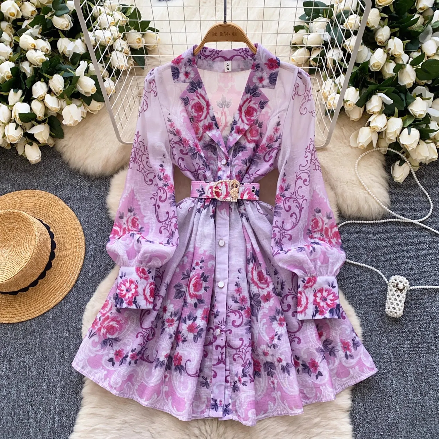 

Elegant Holiday Gorgeous Flower Short Dress Women's V-Neck Long Lantern Sleeve Metal Belt Single-Breasted Linen Robe Clothes