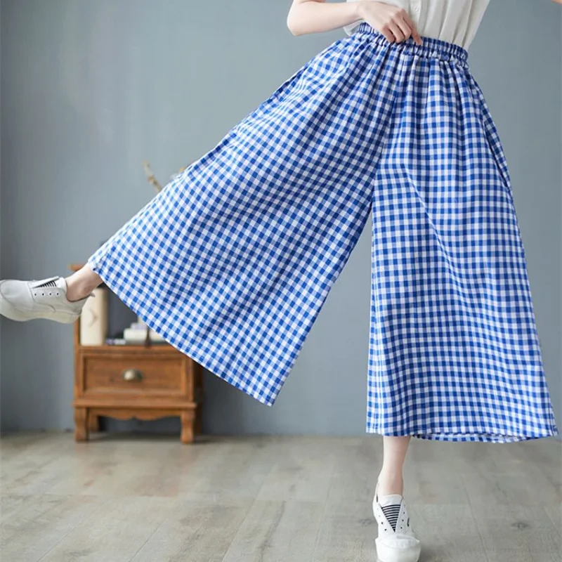 Vintage Plaid Loose Wide Leg Pants Summer New Elastic Waist All-match Casual Straight Pants Fashion Harajuku Women Clothing