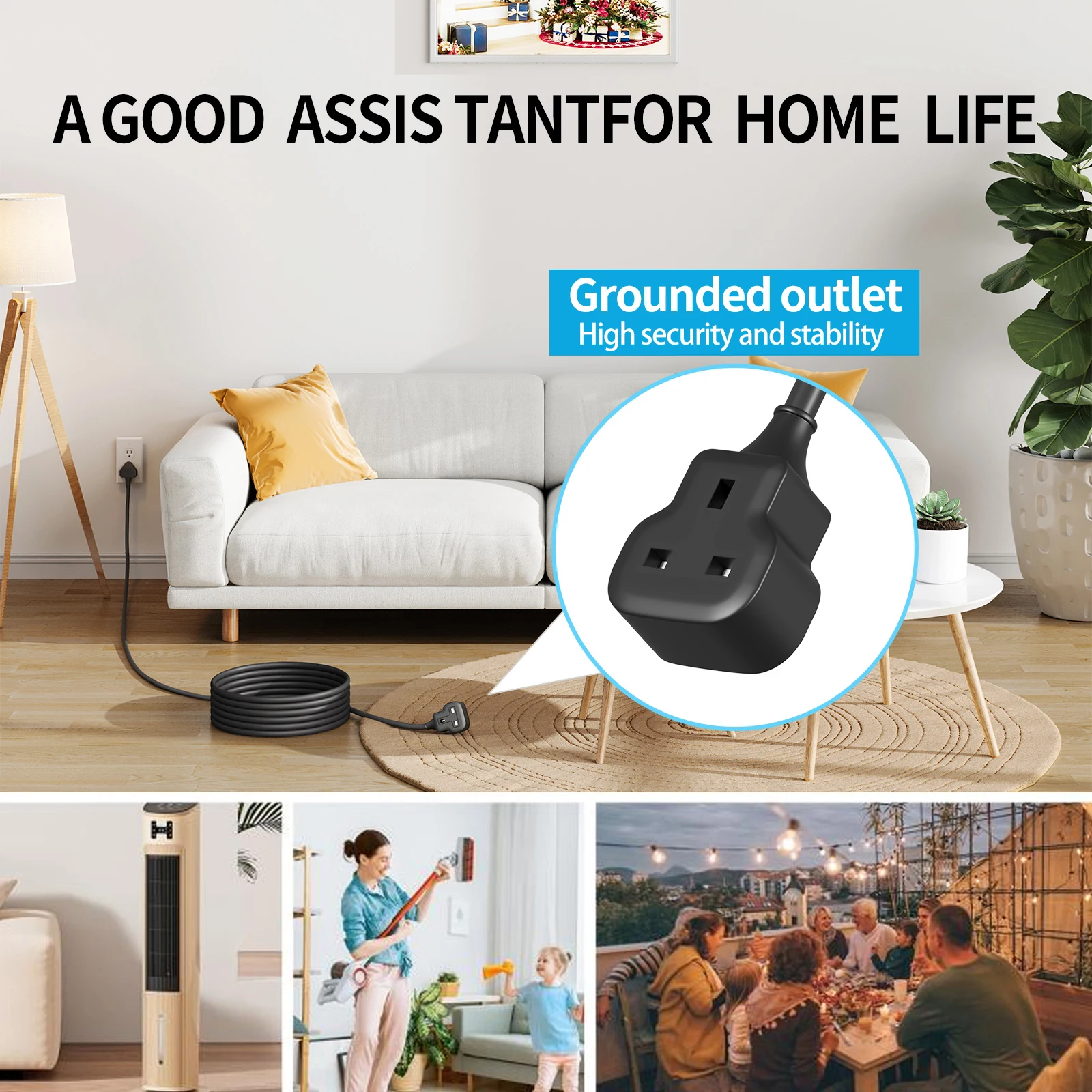 1pc black multifunctional power extension cord socket 13A 3250W suitable for garden and camping use Power cord extension socket