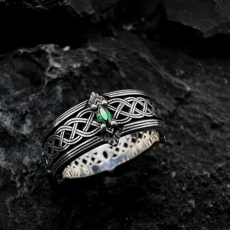 Set zirkon perunggu mata kuda hijau Vintage, cincin Punk terbuka pria dan wanita