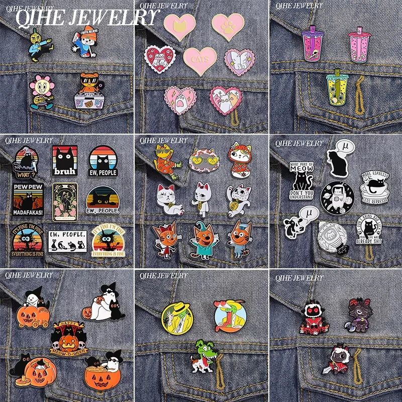 2-9 Pcs/Set Cartoon Anime Game Character Brooch Enamel Pins Cute Lucky Cat Astronaut Rocket Cat Brooch Lapel Badge Jewelry Gift