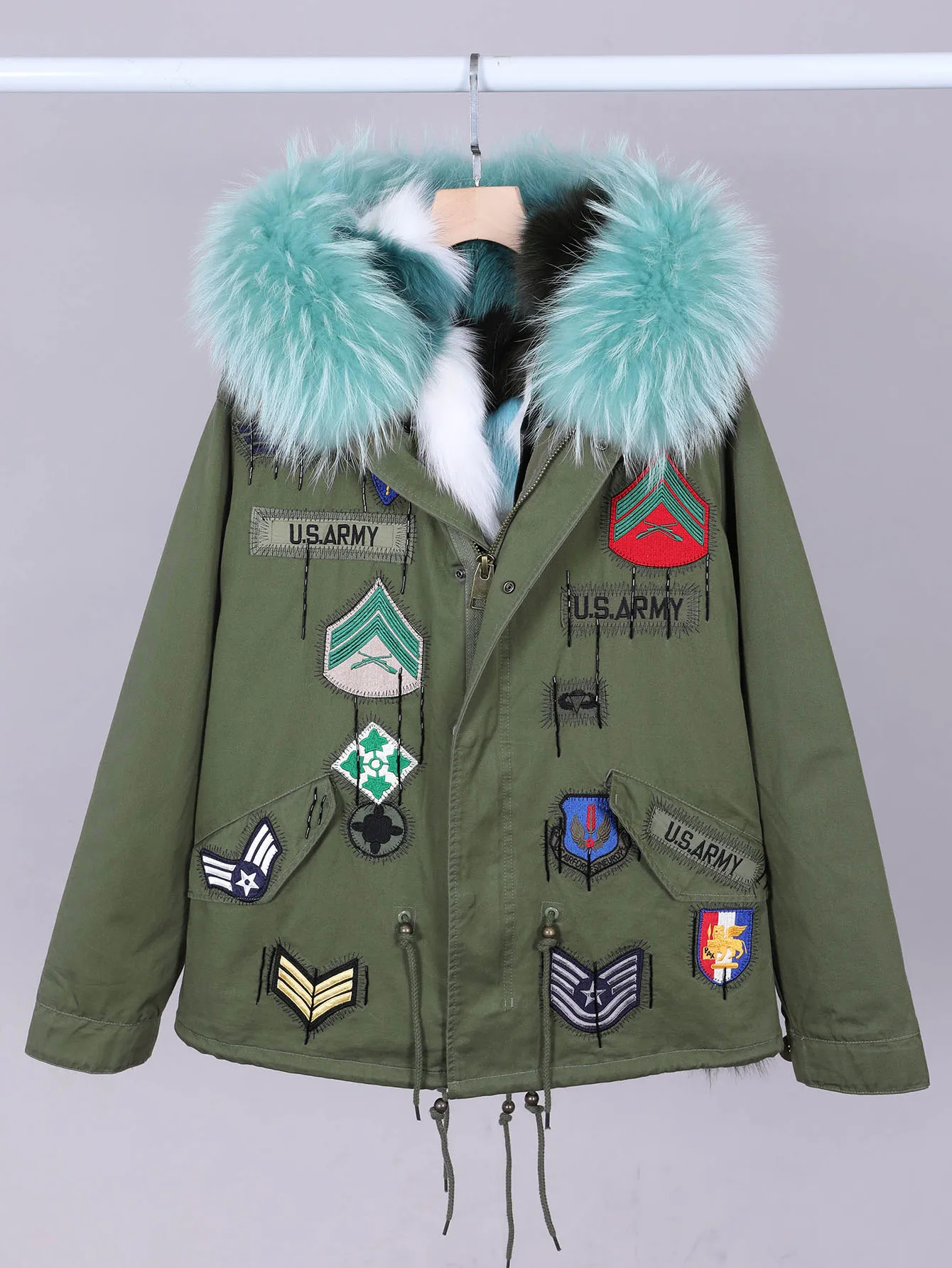 Green Detachable Natural Fox Fur Lined Snow Jacket Embroidered Hood Winter Women's Parka Coat Jacket Maomaokong