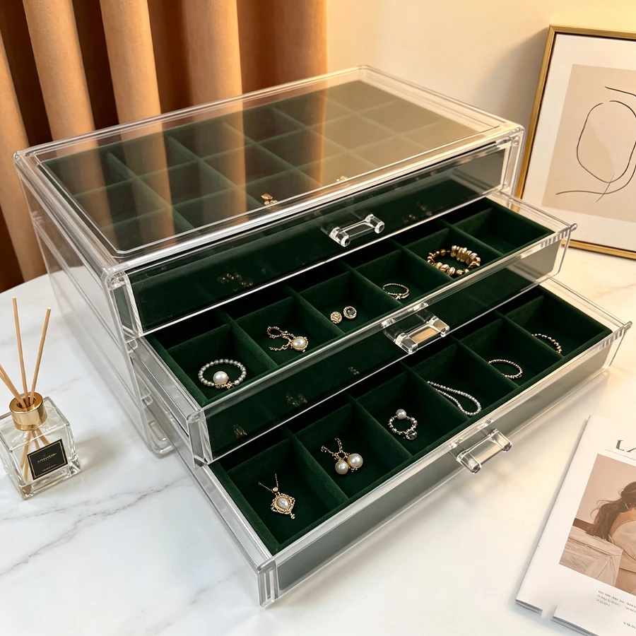 Green Three-Compartment Acrylic Jewelry Storage Box for Organizing Necklaces, Earrings and Rings. Felt Tray for Jewelry and Neck