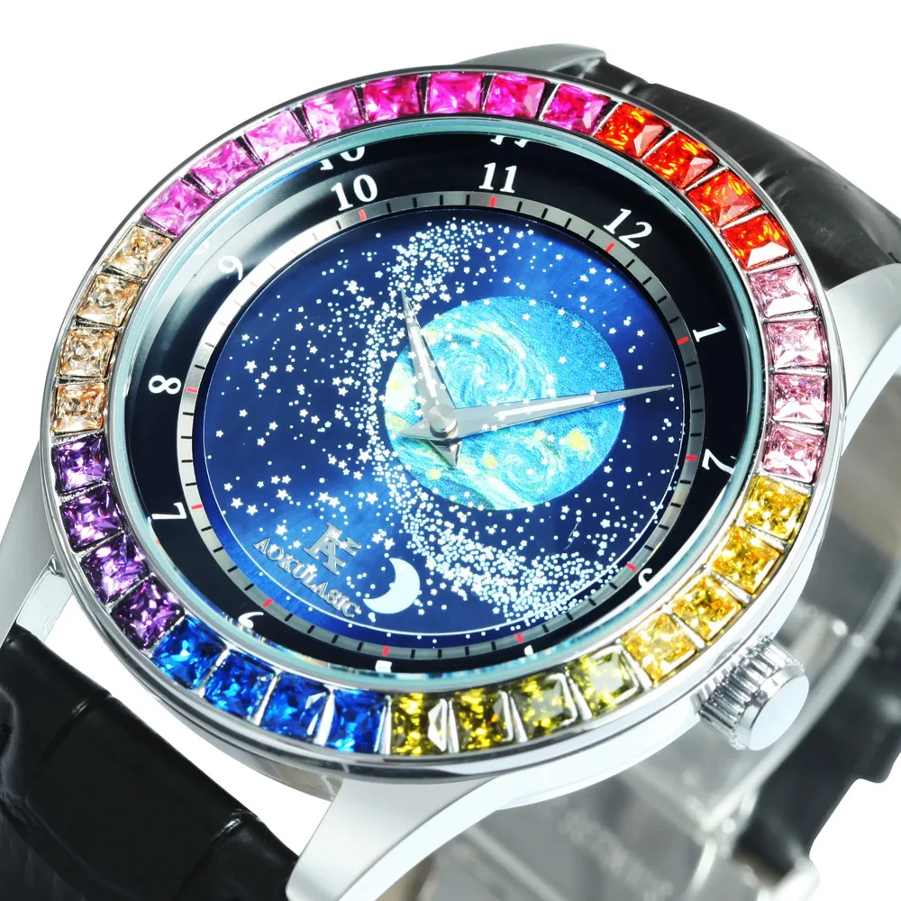 AOKULASIC Luxury Brand Men’s Automatic Self Wind Mechanical Watch Rotating Star Dial Rainbow Case Black Leather Strap Wristwatch