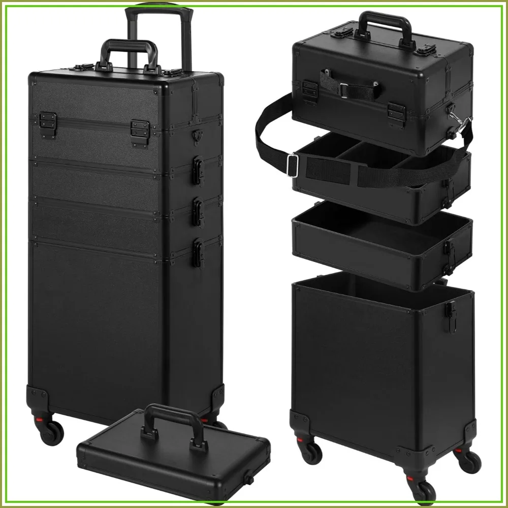 

5-in-1 Rolling Makeup Case with Lid, Detachable Compartments, Black, for Professionals