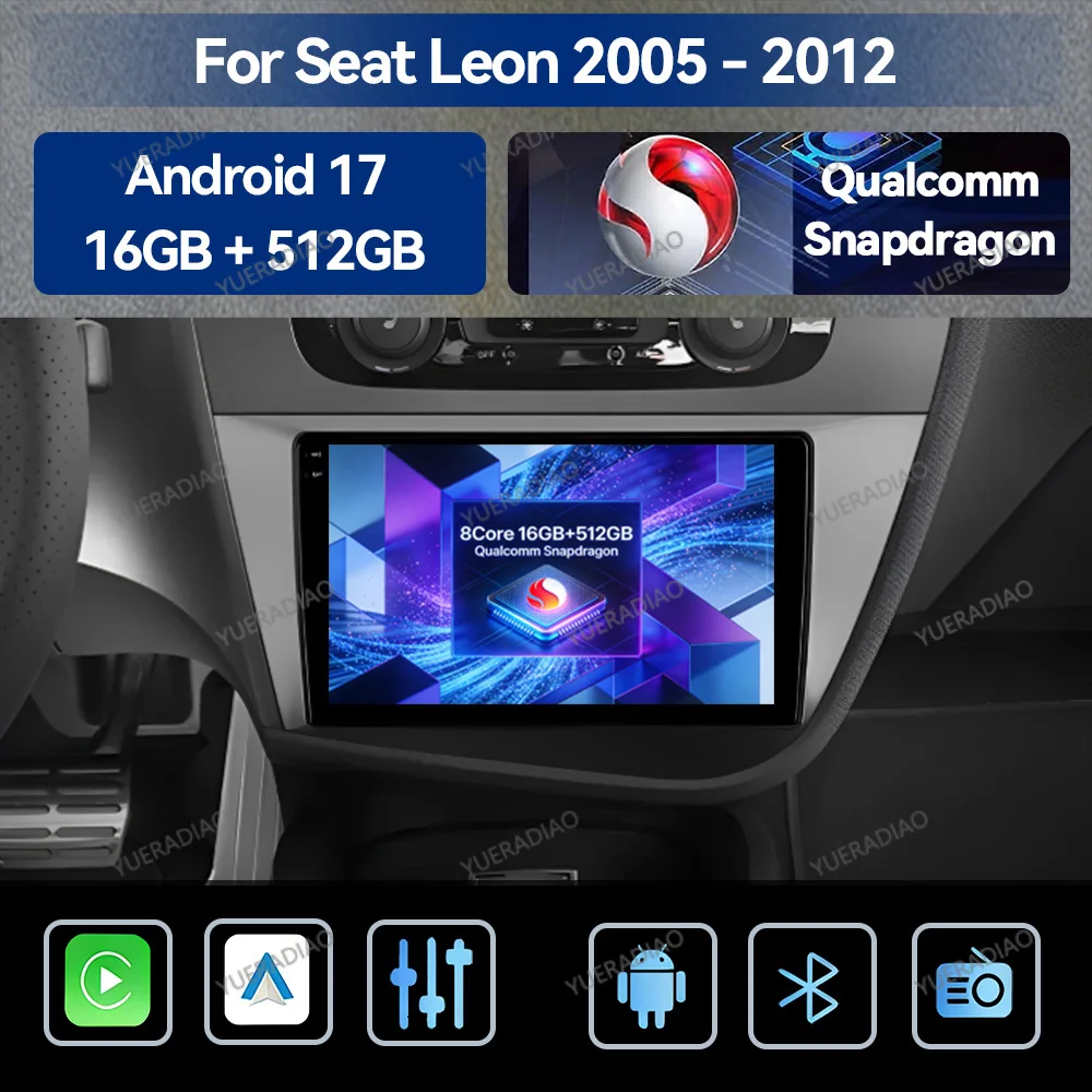 Radio para Auto Android 17 para Seat Leon 2 MK2 2005-2012, Reproductor Multimedia Estéreo, Reproductor de Video QLED, GPS NAVI 2DIN, BT, Unidad Principal Qualcomm