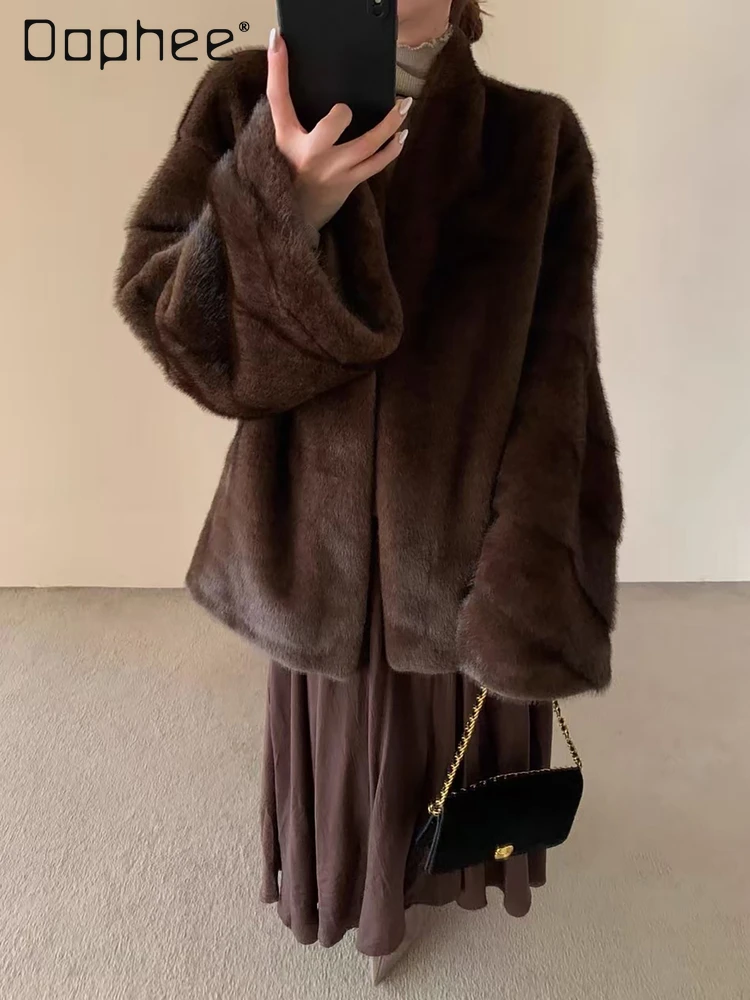 Abrigo de felpa de piel ecológico con cuello levantado elegante, abrigo de longitud media grueso de piel de oveja de imitación de tendencia coreana Ins para invierno