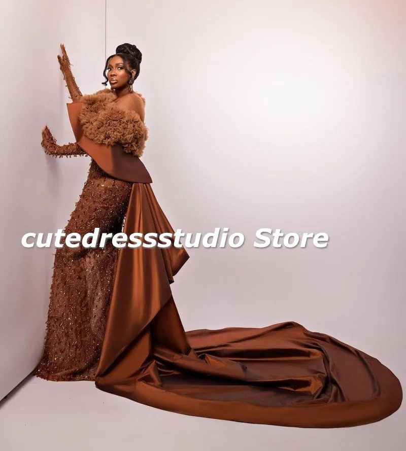 Vintage Chocolate Evening Dresses For Women Long Sleeves Ruffles Sequin Satin Nigerian Mermaid Wedding Reception Party Gowns