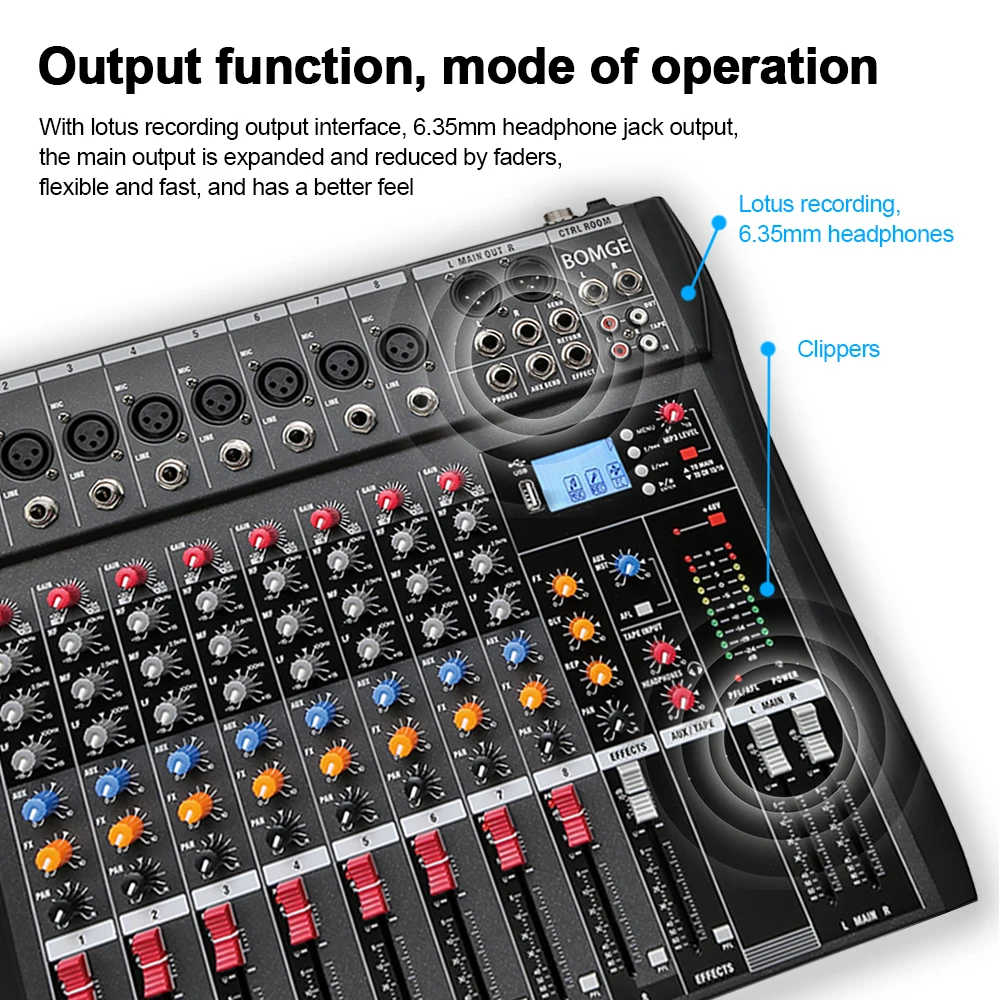 BOMGE CT-80S 48V phantom power professional 8-channel audio mixer DJ controller