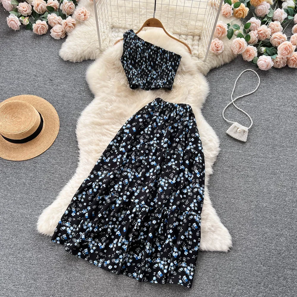 New Women  2024 Elegant Floral Skirt Set Female One Shoulder Crop Top & A-Line Midi Skirt Female Casual Suits