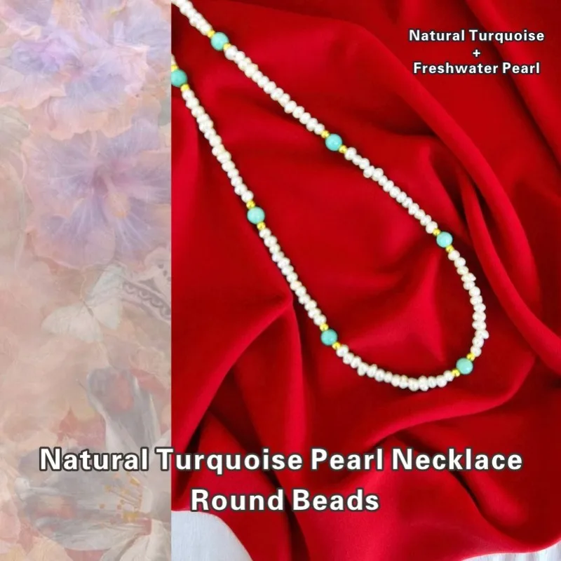 

Natural Turquoise Pearl Necklace Round Beads Women's Handmade Simple Fashion Charm Locking Bone Chain Elegant Jewelry Gifts