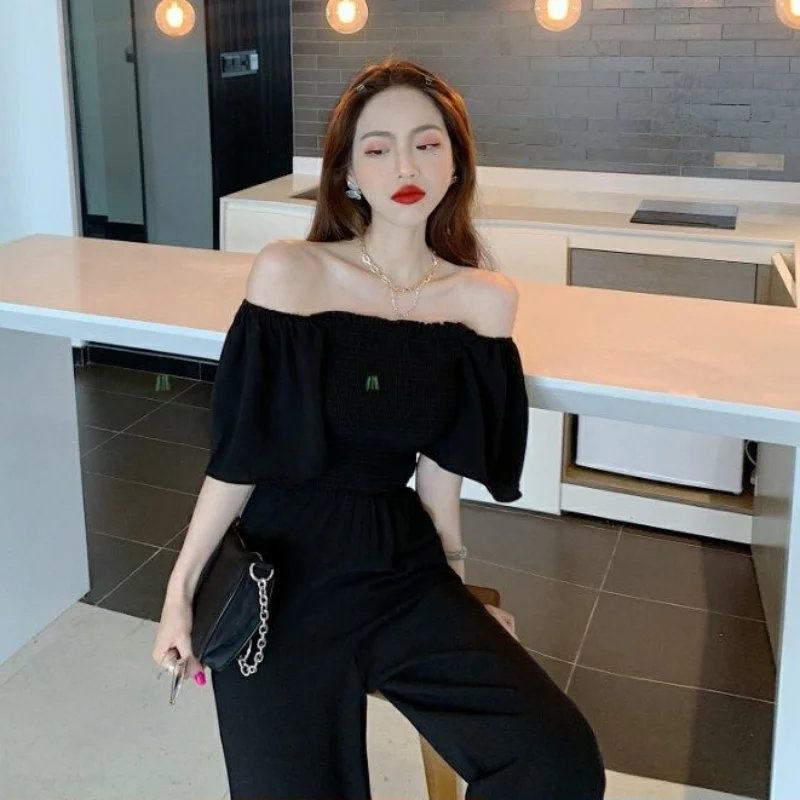 Overalls Frauen Frühling Solide Slash Neck Casual Volle Länge Einfache Breite Bein Koreanischen Stil Stilvolle Klassische Chic Mode Neu Ins