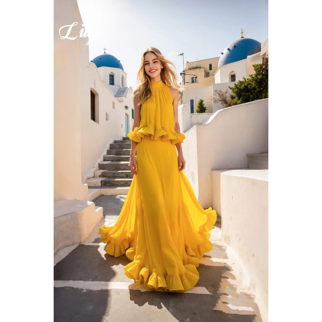 Lily Yellow Halter Evening Dress Sleeveless Ruffled Party Gown with Ruffle Hem Maxi Skirt Formal Prom Dress Colors Customized