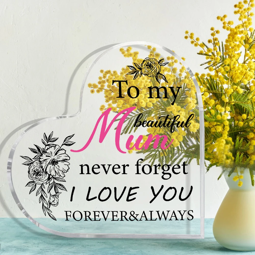 2D Flat,Elegant Heart-Shaped Acrylic Mother's Day Plaque with Floral Design - 