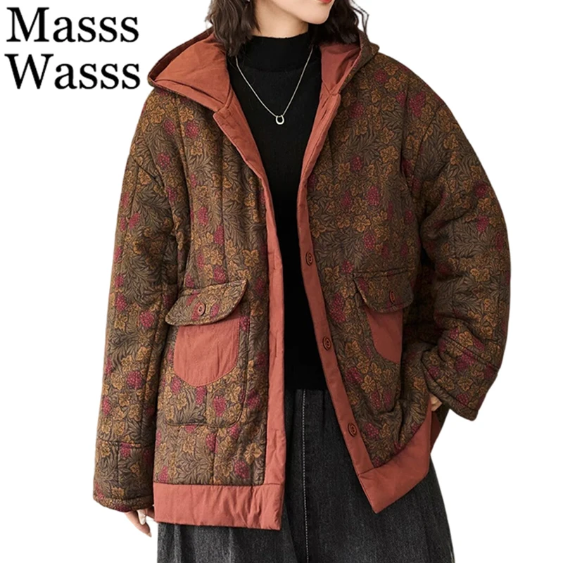 

Masss Wasss Winter Casual Thicken Paraks Womens Fashion Vintage Warm Hooded Coats Ladies Flower Cotton Classic Padded Jeackets