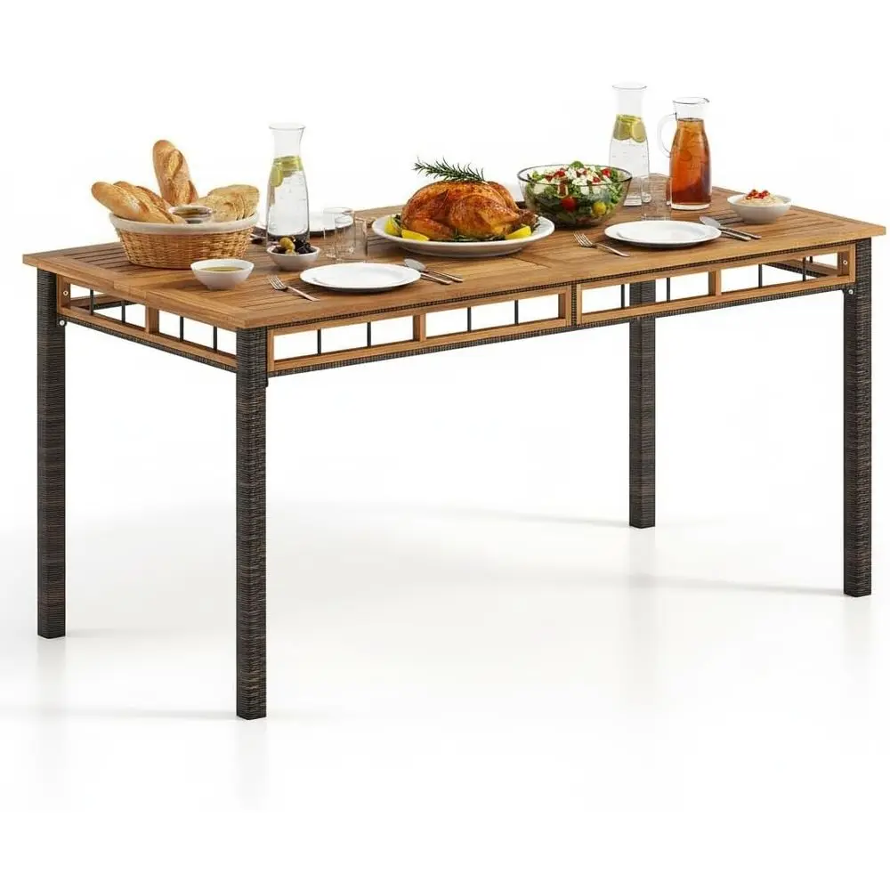 

63 Outdoor Dining Table, 6 Seater PE Rattan Patio Set with Acacia Wood Top, Umbrella Hole, Ideal for Backyard, Garden, Deck