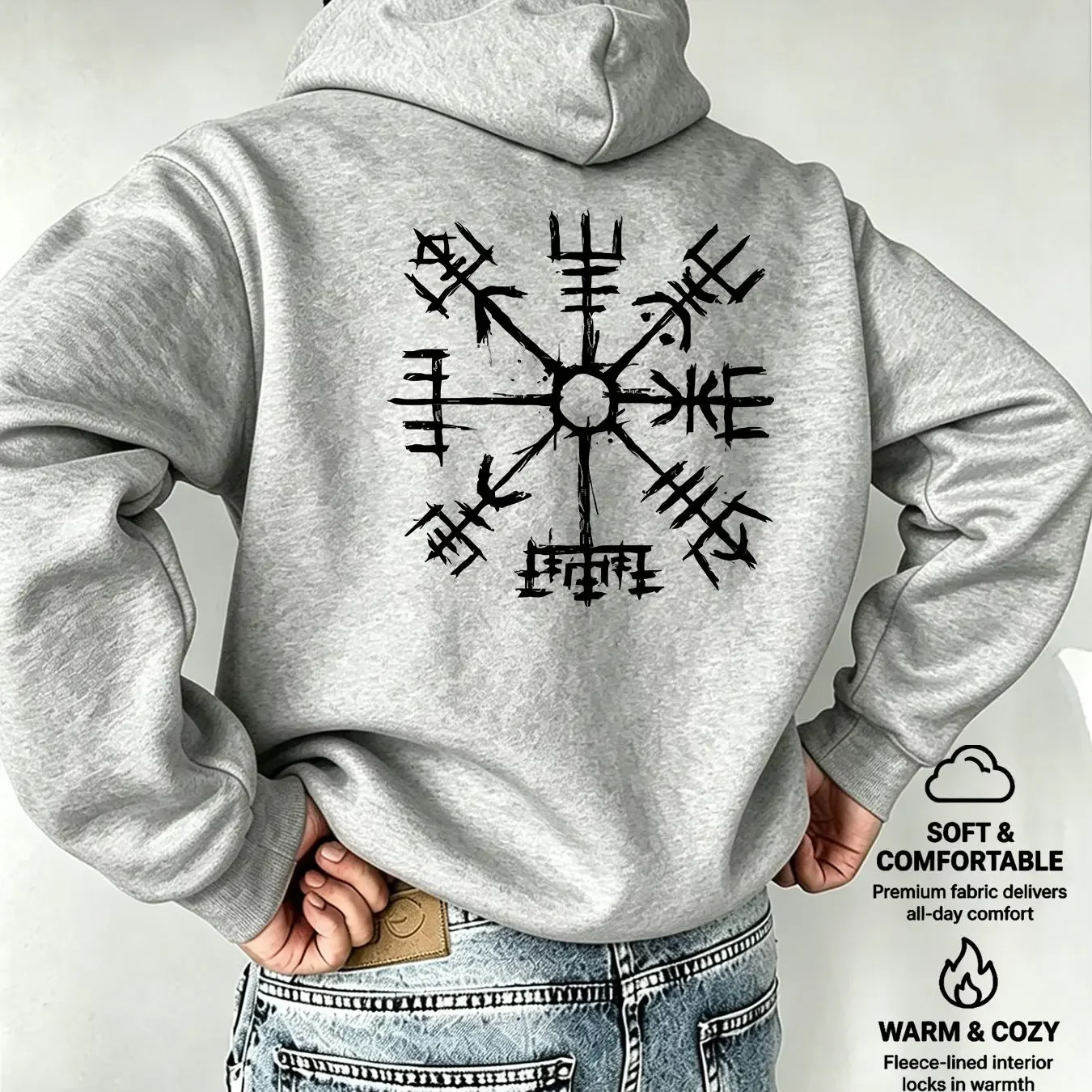Men's Nordic Rune Sun Compass Hooded Sweatshirt with Simple White Line Double-Sided Print European and American Vintage Style