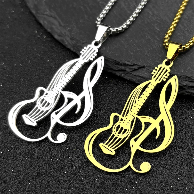 Hiphop Electric Guitar Music Pendant Necklace For Women Men Stainless Steel Gold Silver Color Music Symbol Faith Chain Jewelry