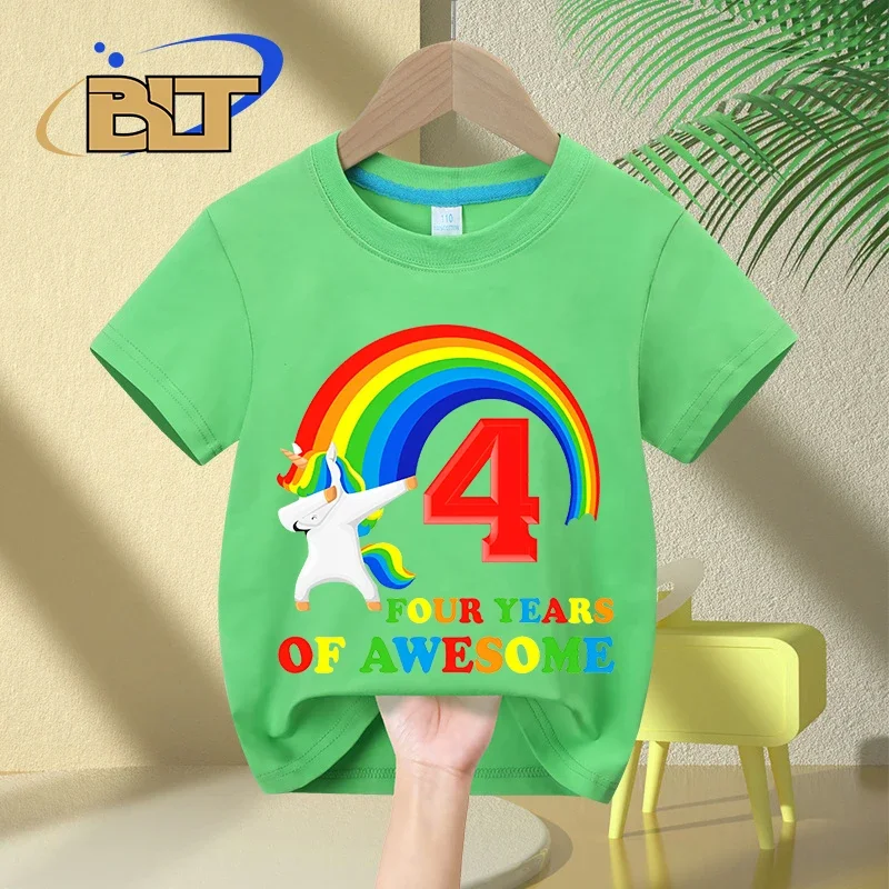 Camiseta infantil pintada com unicórnio, blusa casual de algodão de manga curta, presente do 4 ° aniversário