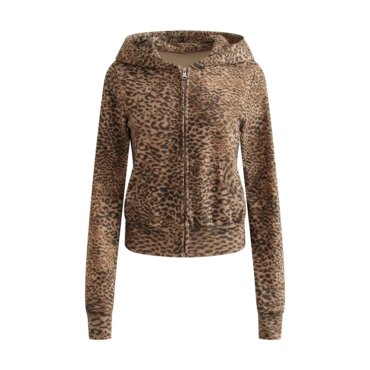 American-style hot girl style leopard print hooded short sweater jacket, new autumn style, loose and slim-fitting top