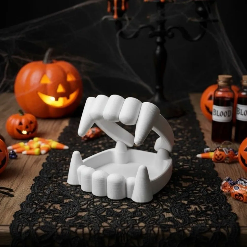 Funny 3D Printing Bloodsucker Teeth Candy Bowl Plastic Decorative Halloween Dentures Candy Bowl White Halloween Snack Tray Party