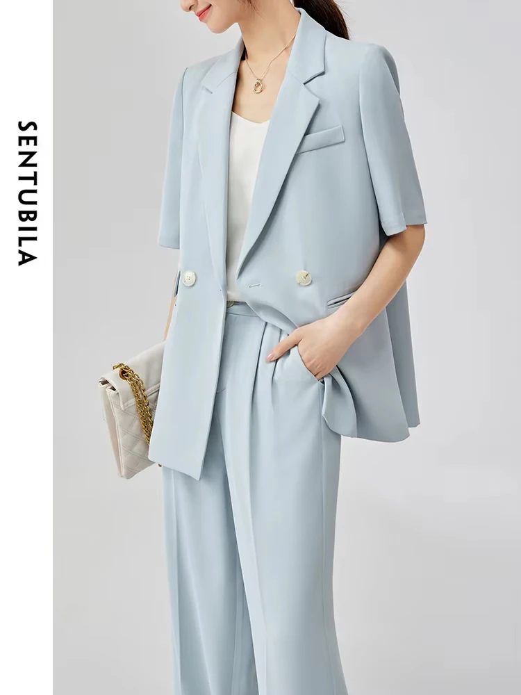 Sentubila-Conjunto de dos piezas para mujer, chaqueta de manga corta, Pantalones rectos holgados, traje de oficina, verano, 131Z47112