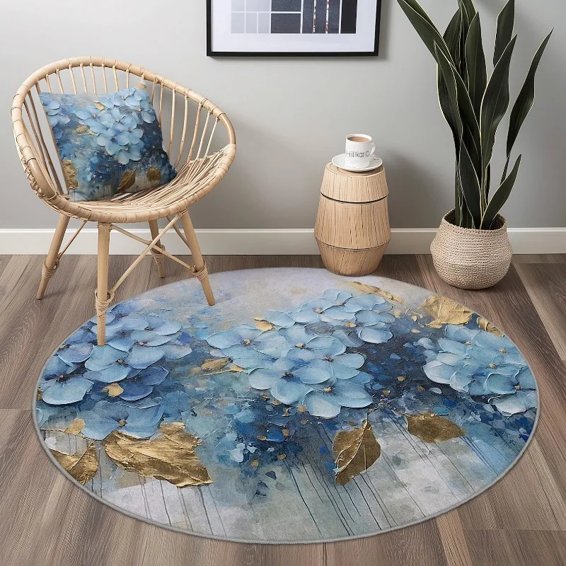 Watercolor Blue Hydrangea Round Carpet Soft Decorative Floor Mat Boho Floral Floor Rug for Living Room Bedroom Daily Home Decor