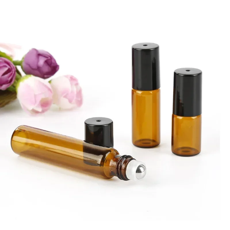 20/30/50Pcs 3/5/10ml Amber Thin Glass Roll on Bottle Essential Oil Vials Sample Test Perfume Bottle With Roller Funnel Syringe