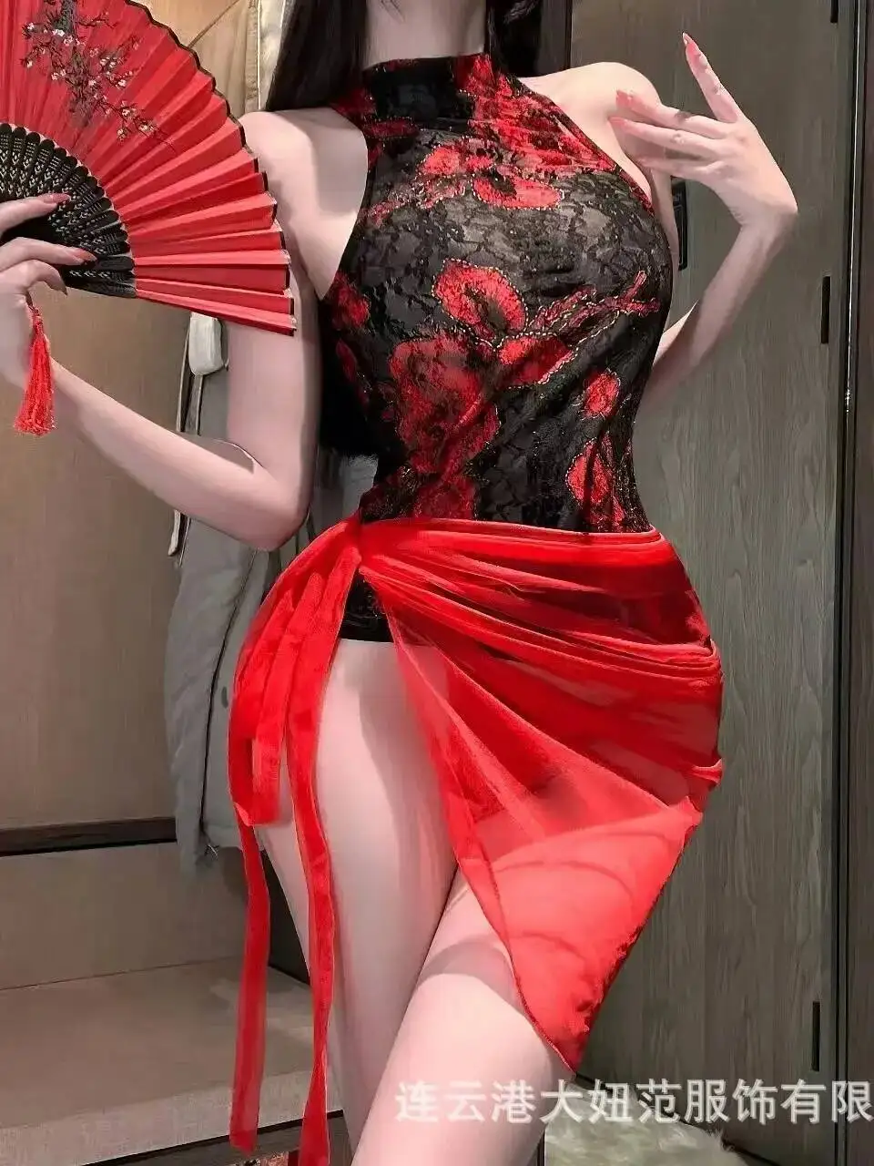 Pure Desire See-through Sexy Slit Hot Alluring Lace-up Nightdress Uniform Women's Set Dress Elegant Mesh Lace Sheer Sexy Top BZ7