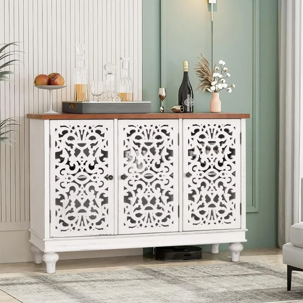 Accent Wood Storage Cabinet, Large Farmhouse Hollow-Carved Buffet Sideboard with 3 Doors Decorative Storage