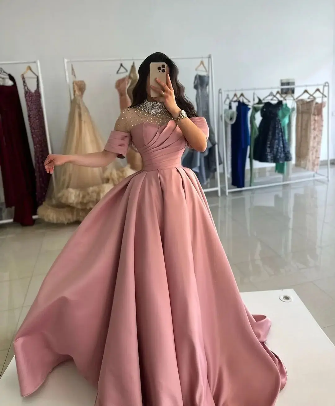 Dusty Rose Crystal Prom Dresses Long for Women 2025 Satin High Neck Beaded Short Sleeve Formal Evening Gowns Customized