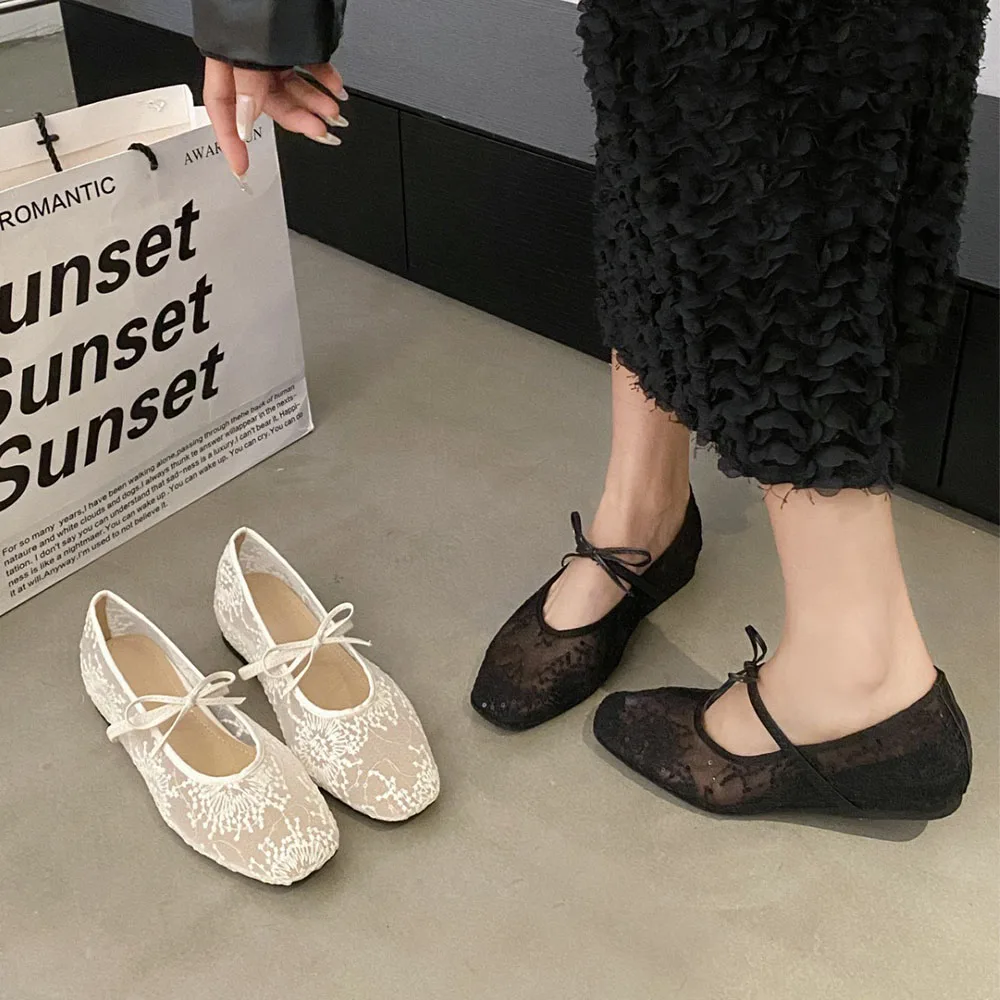 

French Style Mesh Embroidery Women Shoes New Spring Increasted Internal Bowknot Square Toe Shoes Elegant Female Fashion Shoes
