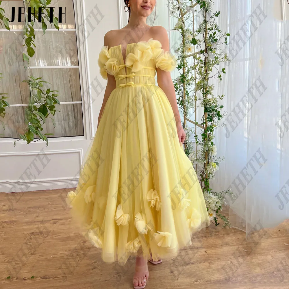 JEHETH V-Neck 3D Flowers Prom Dresses 2024 A-Line Ankle Length Off Shoulder Tulle Yellow Lace Up Formal Party Gowns For Woman