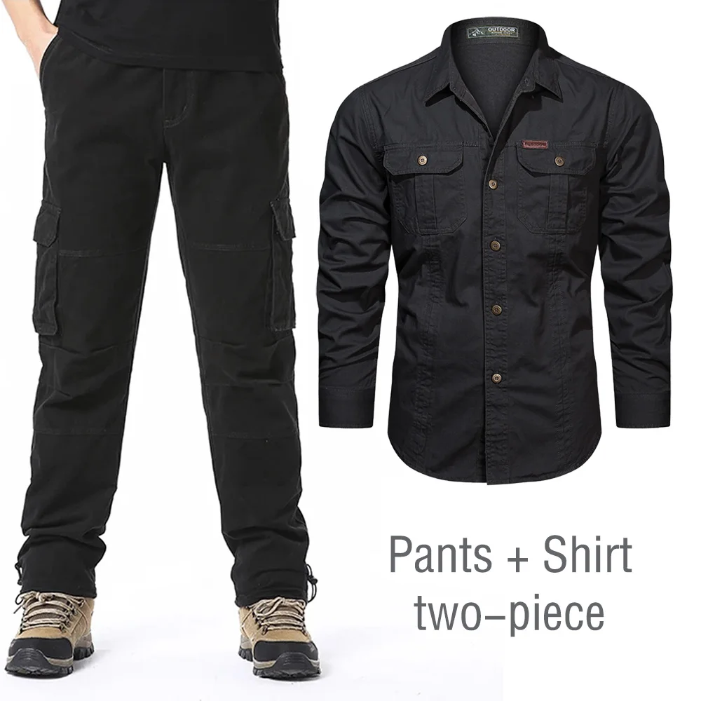 100% Cotton Cargo Pants+Shirt Men Solid Color 6 Pockets Trousers 2 Pockets Shirts Outdoor Casual Colthing High Quality Men suit