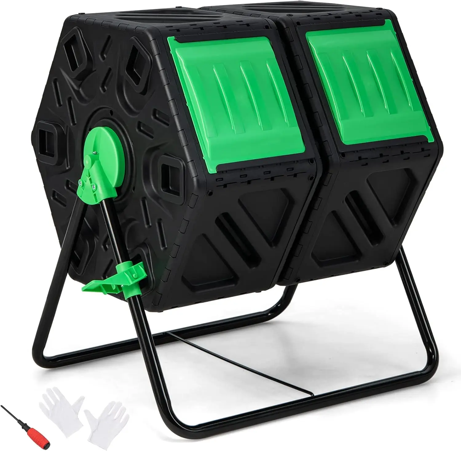 

Compost Bin, Dual Chamber 34.5 Gal Compost Tumbler with 2 Rotating Chambers, Sliding Doors, Outdoor Garden Composter for Yard