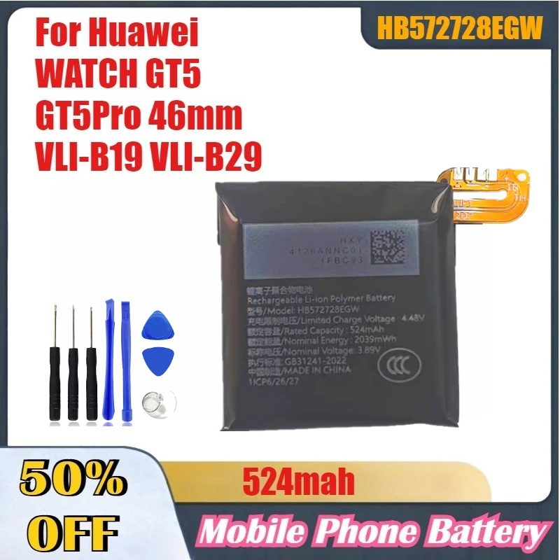 

Высококачественные аккумуляторы HB572728EGW емкостью 524 мАч для Huawei WATCH GT5 GT5Pro 46 мм VLI-B19 VLI-B29