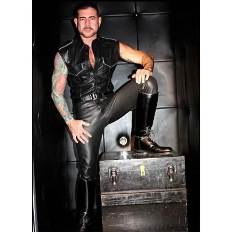 Sky06 新しいメンズストレッチレザーパンツスリム衣類 PU レザースキニーパンツウェットルックタイツパンツ男性 PU レザーロングパンツ 66liU&