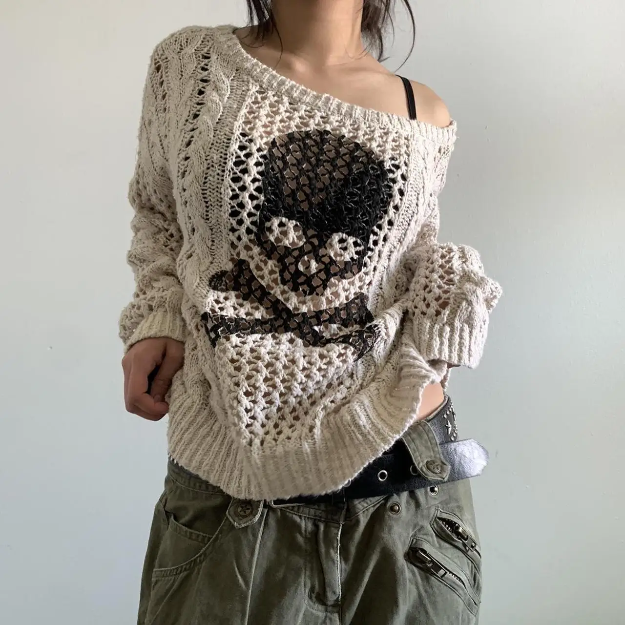 Dourbesty Hollow Out Skull Print Sweater y2k Gothic Long Sleeve Loose Tops Punk Style Crochet Pullover Knitwear Women Streetwear