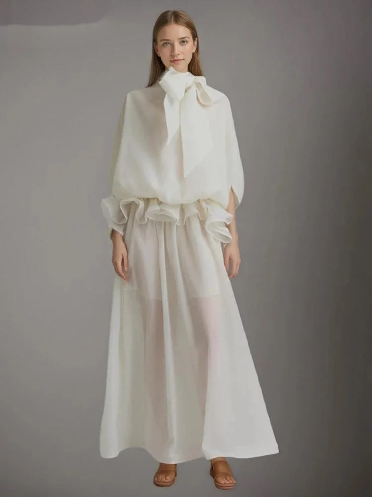 

Fashion White Bow Tie Collar Ruffled Waist-Cinching Dress Women's Loose Long Sleeves Mid-calf Dresse QLB3