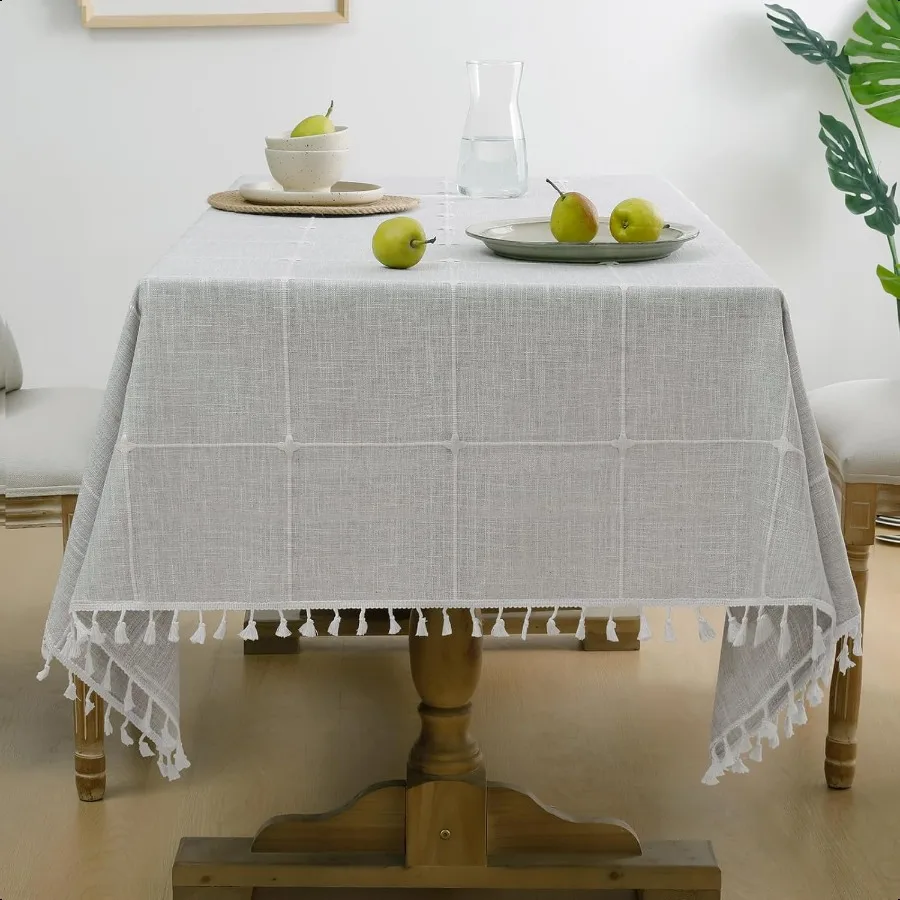 

Outdoor Tablecloth Rec Waterproof Linen Cotton Farmhouse Table Cloths with Tassel Heavy Weight Wrinkle Free Fabric Table Cover
