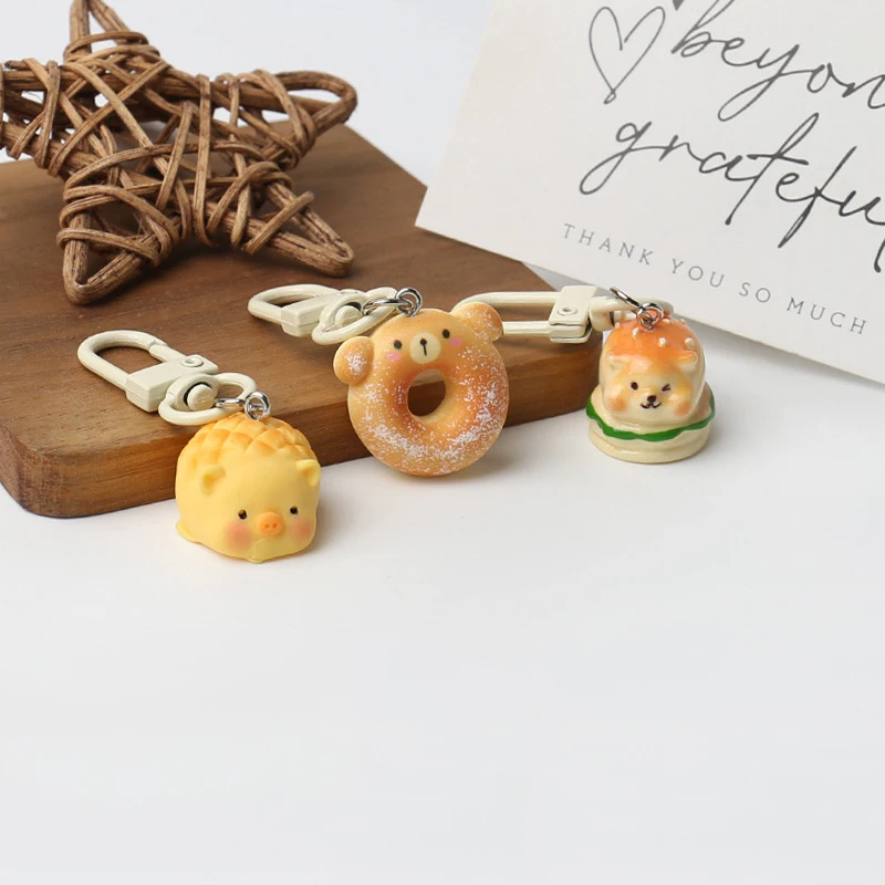 Simulation Food Small Keychain Creative Dessert Bread Cake Pendant Cartoon Resin Keyring Hanging Rope Keychain