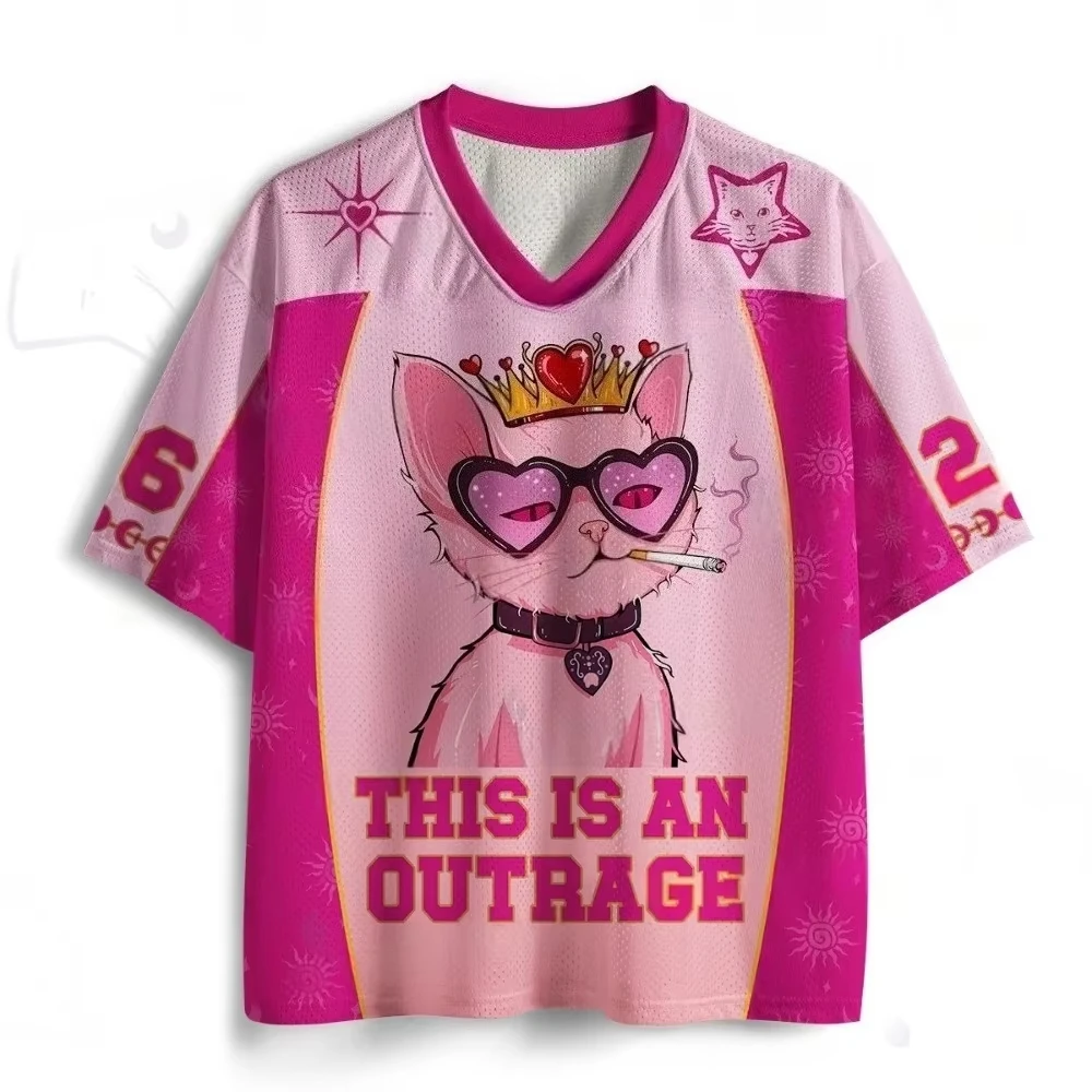 Crown Cat Heart Sunglasses Graphic Mesh Jersey V Neck Short Sleeve Loose Unisex Y2K Streetwear Hip Hop Sports Tee For Men Women