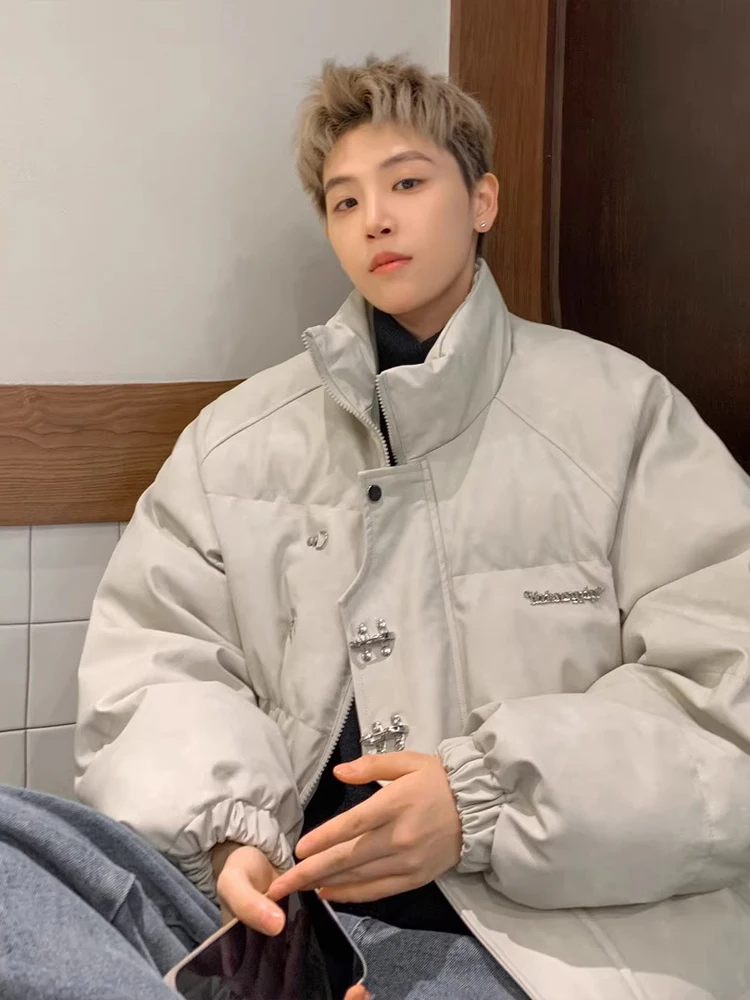 معطف رجالي من Thiened Warmth مصنوع من جلد البولي يوريثان الأمريكي القديم من القطن Jaet Winter High Street Vibe Metal Bule أسفل معطف بياقة واقفة #2