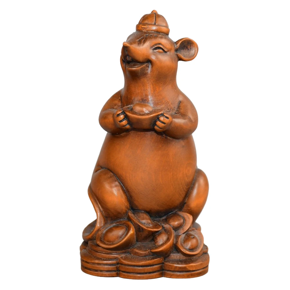 Figurines chinoises Statue en bois sculpté Rat Fortune Feng Shui Figurine lingot richesse abondance succès récolte prospère stabilité