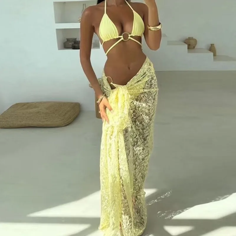 

Women Sexy Bikini 3 Piece Set Metal Rings Lace Up Halter Padded Bra + Briefs + See Through Lace Maxi Skirts Vacation Beach Suit