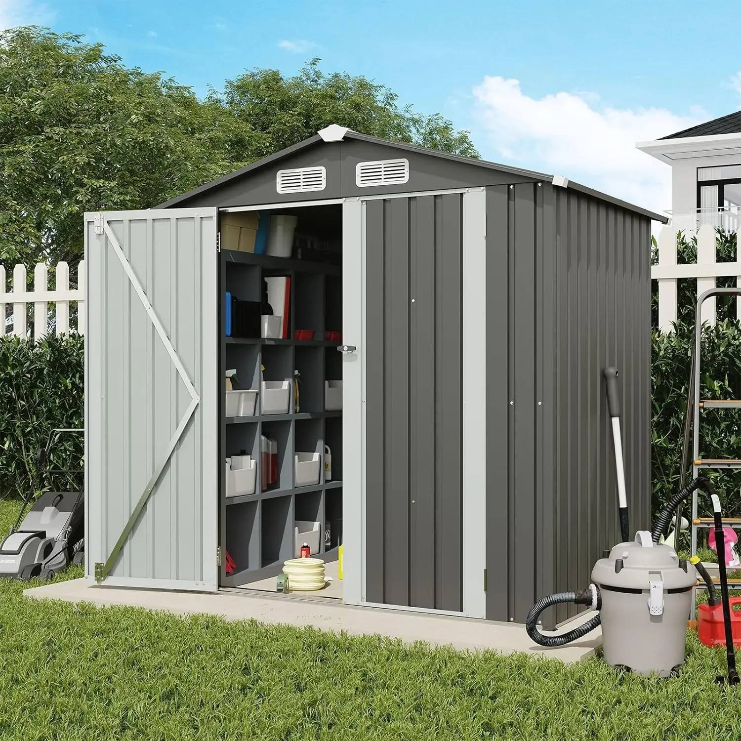 

6x4 FT Outdoor Storage Shed, Galvanized Steel Metal Garden Shed, Double Door W/Lock, Outdoor Storage Tool House for Backyard