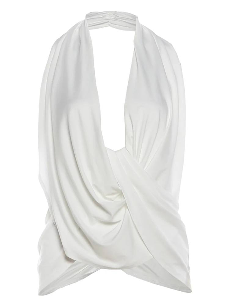 Weird Puss Tanktop mit Kreuzschliff und Neckholder-Ausschnitt für Damen, schlicht, sexy, gerafft, unregelmäßiger Rückenausschnitt, modisch, klassisch, Party, Club, Streetwear – Detail 2