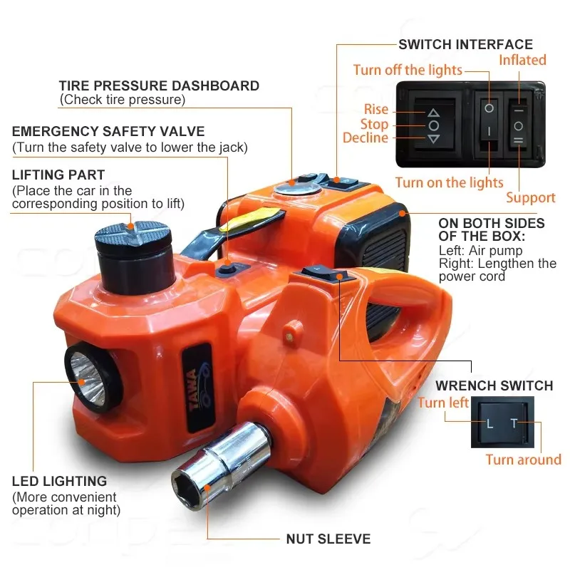5T Electro-Hydraulic Car Lift Jack Kit, 12v Multifunctional Electric Car Jack Kit with Air Pump and Light Emitting Diode Light