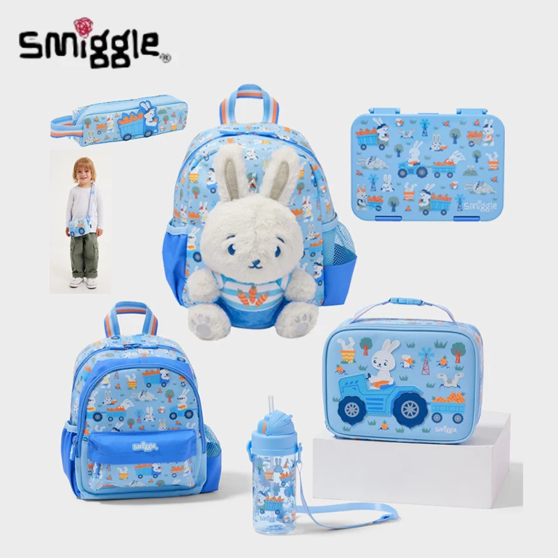 

New Australian Smiggle Backpack Student Cartoon Light Blue Carrot Rabbit Bag Lunch Box Pencil Case Water Bottle Student Girl Gif