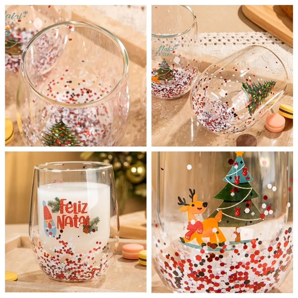 Heat-resistant Double-layer Sequins Christmas Glass Cup Transparent High Borosilicate Glass Coffee Milk Mug Tea Espresso Cup